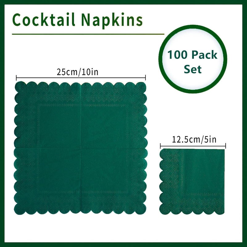 BEFORYOU 100 Pack Cocktail Napkin 2-Ply Scalloped Edged Dessert Napkins Folded 5 x 5 Inches Disposable Napkins for Dinner Wedding Birthday Party Bridal Anniversary Reception Event (Dark Green) - Image 2